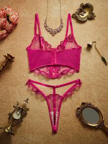 PinupPomp Embroidered Mesh Bra & Panty Lingerie Set With Spaghetti Strap - Hot Pink - View 2