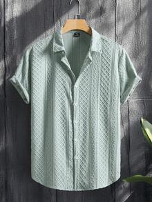 Manfinity Homme Men's Geometric Textured Single-Breasted Casual Short Sleeve Shirt - Gray green - View 3