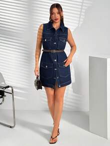 SHEIN Sleeveless Pastal Denim Mini Dress With Button Closure And Utility Pockets Swimming Sexy - Dark Wash - View 5