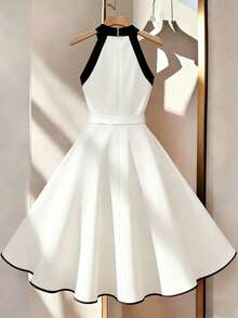 Franclia Women's New Arrival Black & White Color Block Square Neck Tie-Waist A-Line Dress - Black and White - View 2