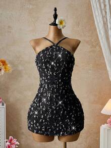 Đầm ngắn hở lưng gợi cảm đính sequin dành cho nữ, thích hợp cho kỳ nghỉ hè. - màu đen - Xem 4