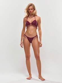Musera Resort Slip di bikini con dettagli in nappine, adatto per vacanze estive, spiaggia, Ibiza, festival carini, elegante - Bordò - Visualizzare 5