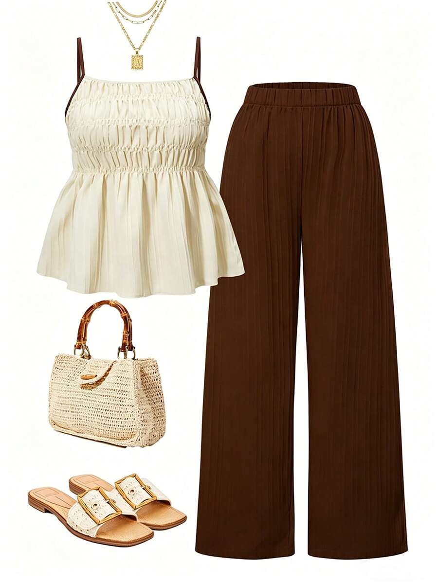 SHEIN 2pcs/Set Teen GirlCasual Camisole Top And Wide Leg Pants Set, Summer - Apricot - View 1