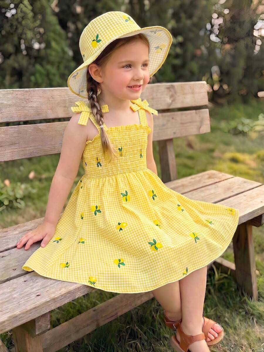 SHEIN Young Girl Lemon Print Gingham Sleeveless A-Line Sundress With Matching Hat - Yellow - View 1