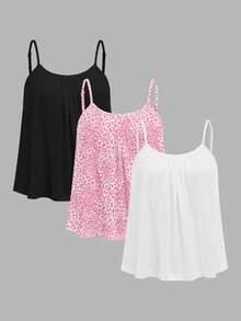 SHEIN EZwear Bộ 3 áo hai dây cỡ lớn phong cách tối giản, thích hợp cho tiệc tùng, lễ hội âm nhạc, đi học, kỳ nghỉ, dạo phố, khám phá thành phố, trang phục đa năng, có thể mặc riêng hoặc phối lớp, họa tiết da báo hồng. - Nhiều màu - Xem 8