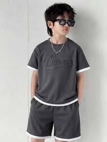 SHEIN Conjunto de 2 piezas de camiseta y pantalones cortos casuales para niños y preadolescentes, gris oscuro, ropa de calle de verano, escuela, vuelta al colegio, actividades al aire libre, vacaciones de verano, playa, salidas - Gris Oscuro - Ver 5