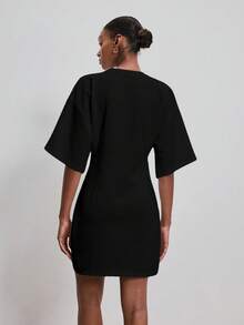 ATUI Studio Casual Daily Fashion Solid Color Loose Round Neck T-Shirt Dress For Women, Summer - Black - View 3