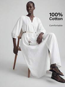 Ontre Đầm nữ chất liệu pha lanh, cổ tròn, tay lỡ 3/4, thoải mái, có thắt eo, túi hai bên, thích hợp cho đi biển, nghỉ mát, lễ hội âm nhạc, phong cách thường ngày thanh lịch. - trắng - Xem 1