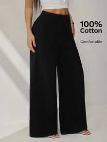 SHEIN PETITE 女款簡約休閒時尚開學季老錢風通勤高腰紋理寬腿長褲 100%純棉，適合嬌小女性 - 黑色 - 查看 5