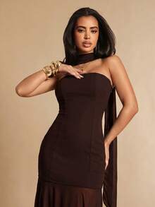 Silquee Vestido sin tirantes de unicolor elegante para mujer, adecuado para fiestas - Marrón - Ver 4
