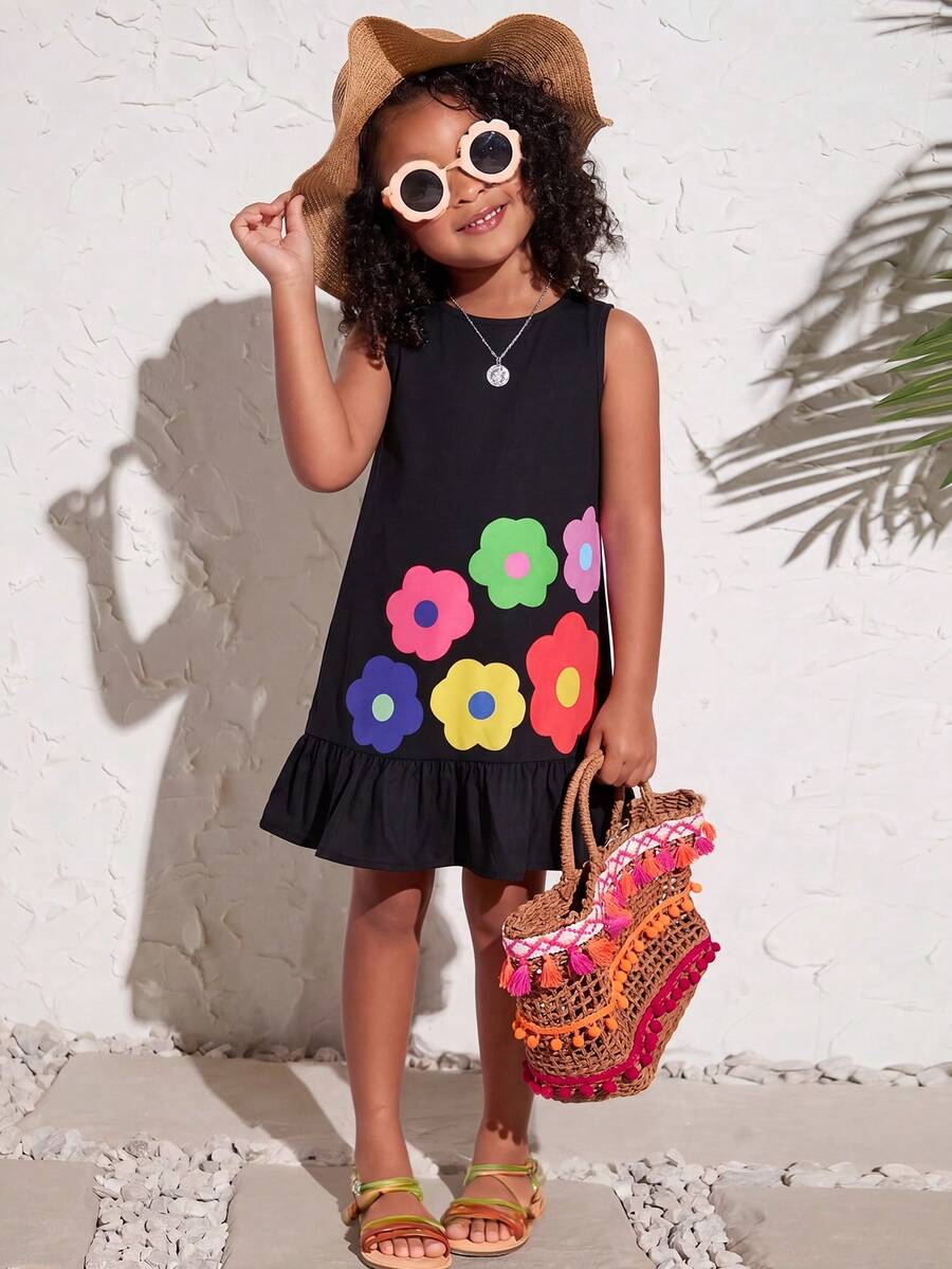 SHEIN Đầm không tay cổ tròn in hoa nhiều màu sắc cho bé gái - màu đen - Xem 1
