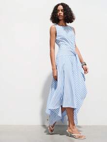 SHEIN Luminelle Đầm nữ mới, kẻ sọc, họa tiết, cổ tròn, không tay, thắt eo, kiểu dáng thanh lịch, thích hợp cho mùa xuân/hè. - Màu xanh lam - Xem 3