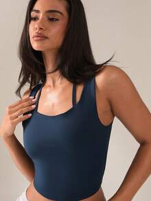 SHEIN BAE Women's Solid Color 2 In 1 Sports Knit Camisole - Navy Blue - View 4