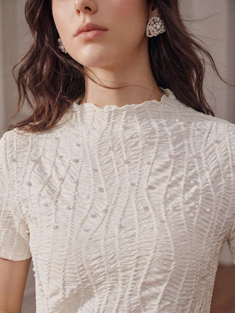 Women's Elegant Vacation Beach Casual Knit Textured Ruffle Pearl Decor Apricot Short Sleeve T-Shirt, Elegant Women's T-Shirt