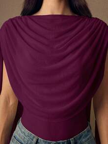 SHEIN BAE Elegant Deep Purple Burgundy Round Neck Ribbon Tie Fitted Bodysuit For Women,Autumn Night Out Cocktail Party,Formal Graduation Base Layer,Christmas - Red Violet - View 4