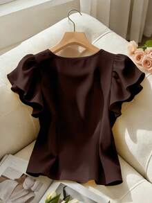 SHEIN Franclia Áo sơ mi nữ màu trơn tay bèo cổ tròn, màu vàng, kiểu dáng Pháp thời trang đa năng với cúc ngọc trai ngắn, áo mùa hè thanh lịch. - Cà phê nâu - Xem 2