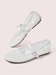 CUCCOO DOLLMOD Women's Shoes Fashion Round Toe Flower Embroidery Word With Mary Jane Flats Cute And Sweet - Star white - View 4