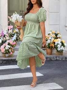 SHEIN LUNE CURVE Đầm nữ cỡ lớn thanh lịch, thoải mái, cổ vuông, kẻ caro xanh lá cây, tay cánh hoa, kiểu dáng công sở, thắt eo, thích hợp cho mùa xuân/hè. - màu xanh lá - Xem 3