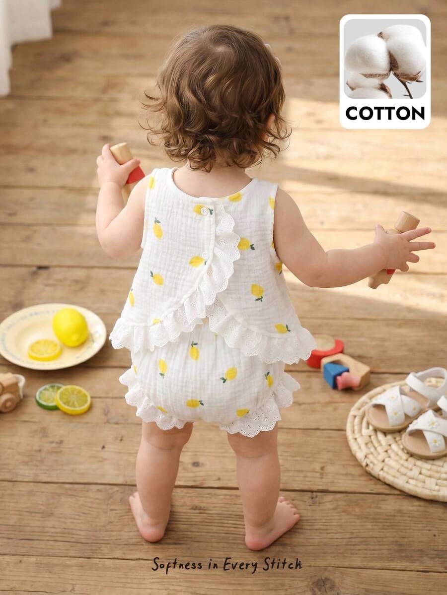 Cozy Pixies Baby Girl Lemon Print Ruffle Hem Tank Top And Shorts Cute Set - Multicolor - View 1