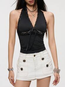 INAWLY Women's Y2k V-Neck Lace Trim Halter Camisole In Black Night Out Summer - Black - View 4