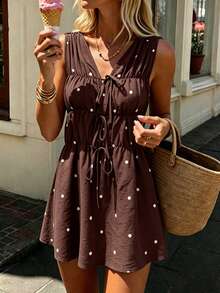 Pariaura Women's New V-Neck Sleeveless Front Drawstring Tie Multi-Layer Ruffle Short Dress - Brown - View 1