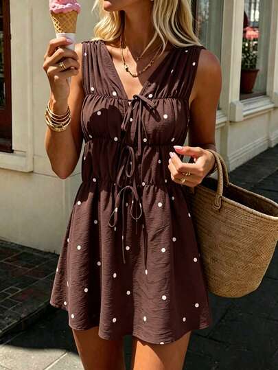 Pariaura 女士新款V领无袖前抽绳系带多层荷叶边短连衣裙