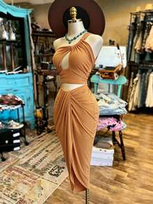 NostaNoir Women's American Western Style Hollow Out Suit, Ruffle Drawstring High Waist Slit Maxi Dress 2 Pieces Set - Yellow - View 3