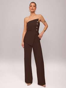 Silquee Women's Solid Color Button Asymmetric Bandeau Top And Pants Set,Vacation Outfits Women - Brown - View 6