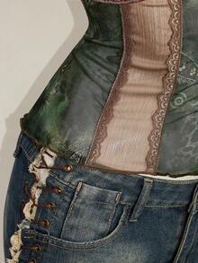 SHEIN ICON Áo hai dây ôm sát màu nâu, họa tiết da báo retro Y2K gợi cảm dành cho nữ, phối ren, cổ chữ V. - xanh quân đội - Xem 11