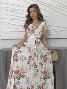 Jemour V 领数码花卉印花度假荷叶边腰 A 字型优雅浪漫女式连衣裙 - 彩色 - 查看 4