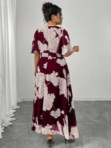 Modelyn Plus Size Women's Elegant Round Neck Ruffle Flare Sleeve Fitted Flowy Maxi Chiffon Dress, Spring/Summer - Red - View 2