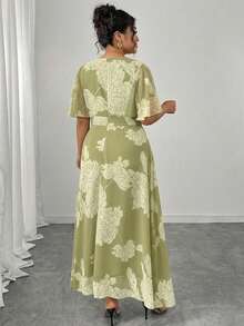 Modelyn Plus Size Women's Elegant Round Neck Ruffle Flare Sleeve Fitted Flowy Maxi Chiffon Dress, Spring/Summer - Multicolor - View 2