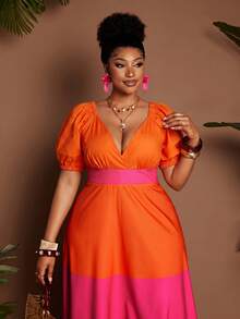 Maweii Spring/Summer V-Neck Puff Sleeve Waist Cinched Colorful Striped Print Flowy Casual Vacation Romantic Commute Daily Wear Fashion Design New Essential Plus Size Women Long Dress, Multi-Color - Multicolor - View 2