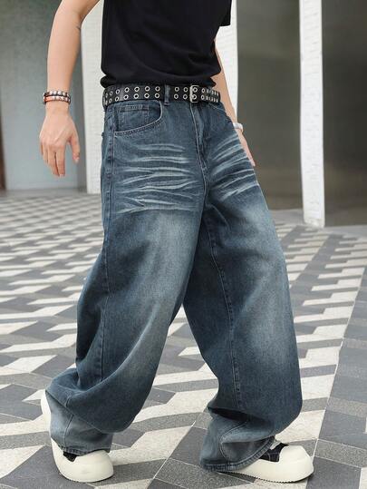 Manfinity EMRG American Stylish Minimalist Washed 3D Cat Whisker Wide Leg Jeans