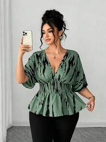SHEIN Elenzya 大码女式V领插肩袖休闲衬衫，适合外出、聚会和通勤。 - 綠色 - 查看 3