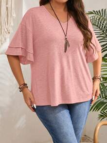 EMERY ROSE Camiseta casual de talla grande con cuello en V y mangas con volantes de unicolor - Rosa - Ver 6