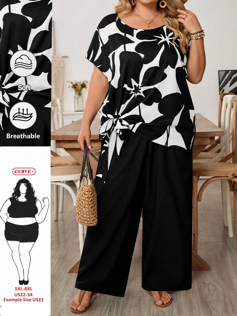 SHEIN CURVE+ Conjunto de 2 piezas de blusa de manga corta con cuello redondo y pantalones con estampado floral en contraste, talla grande, para verano - Multicolor - Ver 1
