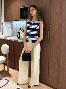 Pariaura French Style Navy Blue And White Striped Round Neck Knit Fitted Top,Ellegant Asymmetrical Metal Buckle Hem Slit Rib Knit For Autumn,Brunch,Commute - Navy Blue - View 3