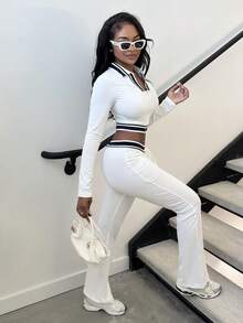 Alexandranx Casual Women's White Polyester Long Sleeve Jacket And Long Pants Set With Graphic Print And Zipper Details - White - View 4