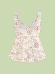 Sweetness Holiday Summer Beach Vacation Sexy Floral Lace Waist Drawstring Loose Plus Size Camisole - Baby Pink - View 2