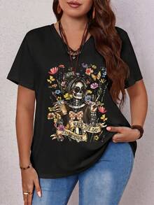 Women's Plus Size Skull Print V-Neck Short Sleeve Casual T-Shirt Zumba T Shirt Graphic Tops Cartoon T Shirt Women T Shirt Women Graphic Tee Shirts For Women - Multicolor - View 4