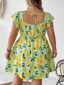 SHEIN CURVE+ 大码女式柠檬水果印花甜心领泡泡袖A字迷你连衣裙，夏季波西米亚风度假风 - 薄荷綠 - 查看 3
