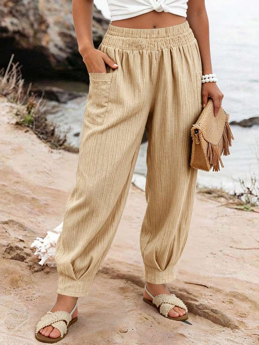 Ceyna Quần Harem mùa hè mới dành cho nữ cỡ lớn, kiểu dáng giản dị và tối giản, quần dài thanh lịch cho kỳ nghỉ, quần cạp chun có túi, màu trơn, quần Harem ống rộng xếp ly dài đến mắt cá chân. - Màu Khaki - Xem 1