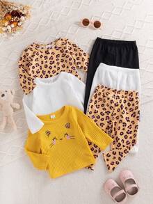 SHEIN Playful Pals 三件套女婴休闲时尚可爱甜美豹纹动物猫咪图案罗纹针织纯色长袖圆领柔软舒适加厚上衣衬衫T恤T恤裤子打底裤运动裤套装日常玩耍派对晚宴约会春季秋季冬季 - 黃色 - 查看 5