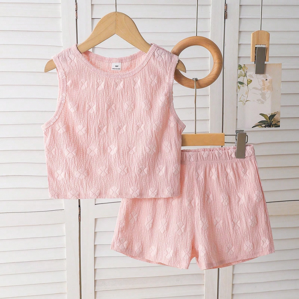 Set de 2 piezas para niñas preadolescentes: Blusa de punto jacquard de verano y top sin mangas con textura (jacquard de trébol + diseño de cuello r