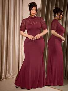 Cravure Plus Size Knit Short Sleeve Elegant Vintage Mesh Dress, Burgundy Evening Formal Summer - Burgundy - View 6
