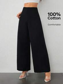 SHEIN PETITE 女款簡約休閒時尚開學季老錢風通勤高腰紋理寬腿長褲 100%純棉，適合嬌小女性 - 黑色 - 查看 9
