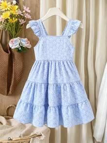 Souflis Souflis Girls Ruffle Strap Tiered Sundress, Square Neck Sleeveless Dress In Blue Woven Jacquard Fabric, Stitched Panel Hem Design - Baby Blue - View 2