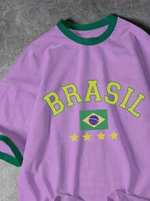 Manfinity RSRT Men's Manfinity Hypemode Purple And Yellow Summer Streetwear Holiday Vacation Holiday Brazil Football Sports & Letter Print Patchwork T-Shirt - Multicolor - View 4
