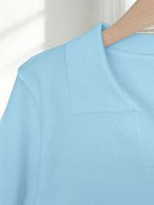 Franclia Blusa de punto ajustada de manga corta, cuello vuelto, unicolor, casual y sencilla para mujer, tallas grandes, para primavera/verano - Azul menta - Ver 4